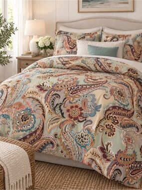 Cynthia Rowley Queen Duvet Cover Aqua Paisley Floral 100% Cotton Bedding